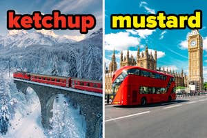 On the left, a train in the snowy mountains of Switzerland labeled ketchup, and on the right, a double decker bus in front of Big Ben in London labeled mustard