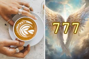 Left: Person holding a coffee cup with latte art. Right: Stylized wings and number 777 with celestial background