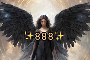Illustration of an angel with large wings and a black dress, surrounded by a glowing aura and the number 888 with stars