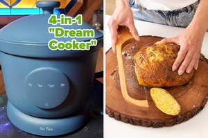 Two images: Left shows a 4-in-1 "Dream Cooker", right depicts a person slicing bread on a board