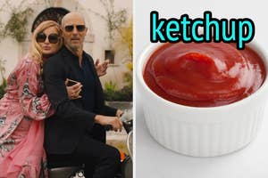 On the left, Jennifer Coolidge and Jon Gries posing on a scooter as Tanya and Greg on The White Lotus, and on the right, a bowl of ketchup