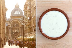 On the left, a historic street in Romania, and on the right, a cup of ranch