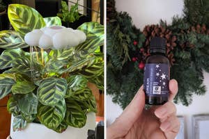 Left: Hand holding a vase with artificial foliage. Right: Close-up of a hand holding a small bottle of essential oil with a wreath in the background