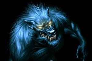 Illustration of a menacing beast with sharp teeth and prominent blue fur