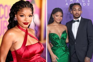Halle Bailey on the left in a red dress, and on the right with a man in a green dress and black suit at an awards event