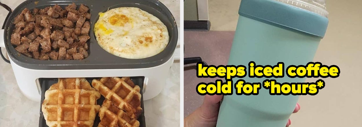 Two images: Left shows a meal in a compartmentalized container. Right is a hand holding an insulated tumbler, text claims it keeps coffee cold