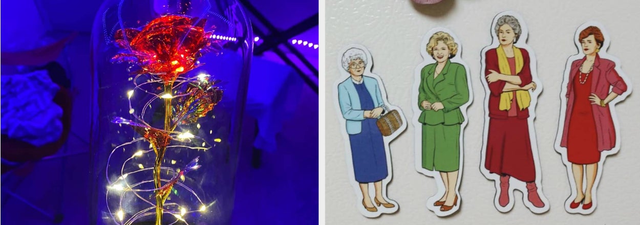 Left: Hand holding a decorative LED light fixture. Right: Magnets resembling vintage dresses on a fridge