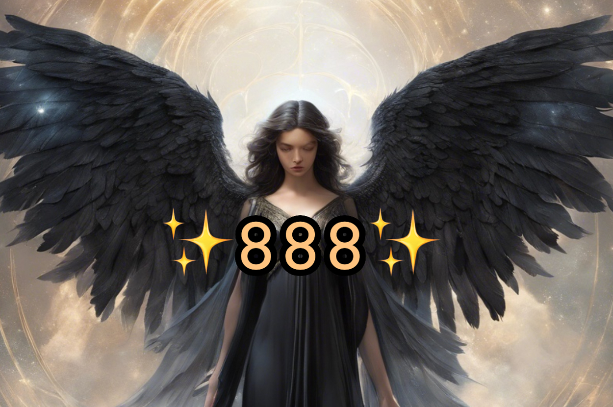 Illustration of an angel with large wings and a black dress, surrounded by a glowing aura and the number 888 with stars
