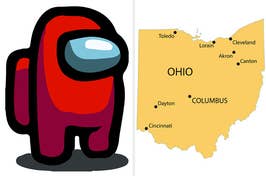 Red Among Us character on the left, map of Ohio highlighting major cities on the right