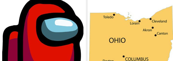 Red Among Us character on the left, map of Ohio highlighting major cities on the right