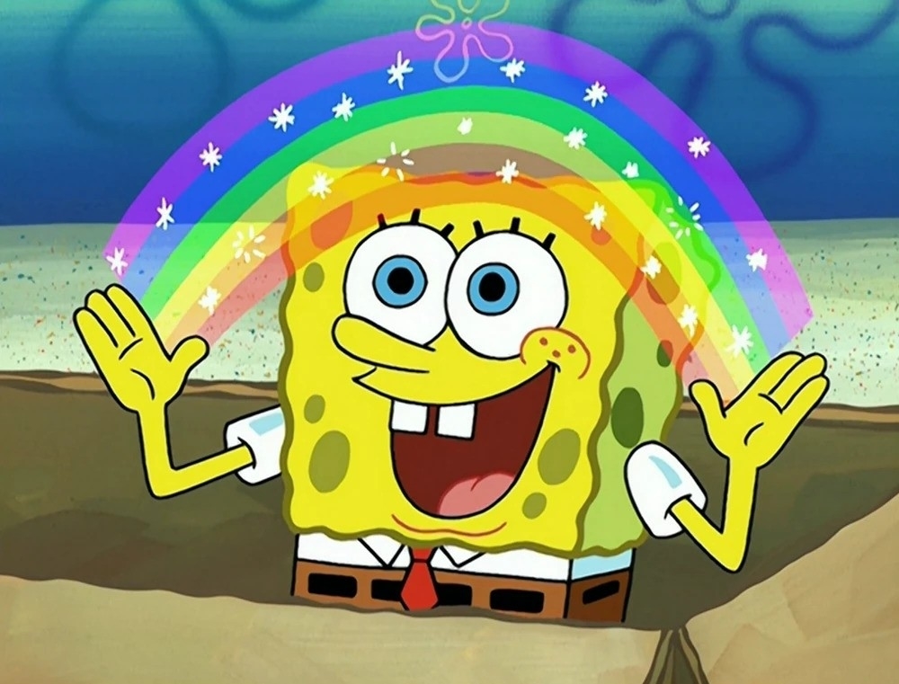 SpongeBob SquarePants creating a rainbow with his hands, expressing happiness