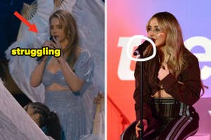 Lana Del Rey performing at Coachella vs Sabrina Carpenter speaks into a microphone on stage