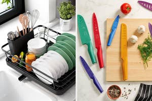 Kitchen essentials: dish rack with utensils and a set of colorful knives on a cutting board with vegetables