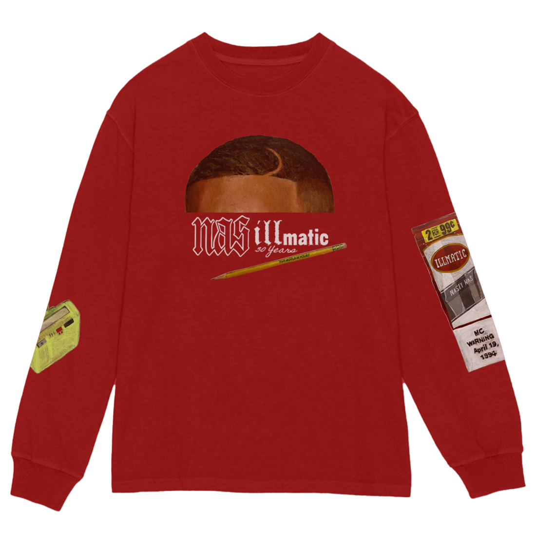 Red long-sleeve shirt with &quot;Illmatic&quot; album graphics, and an explicit content sticker