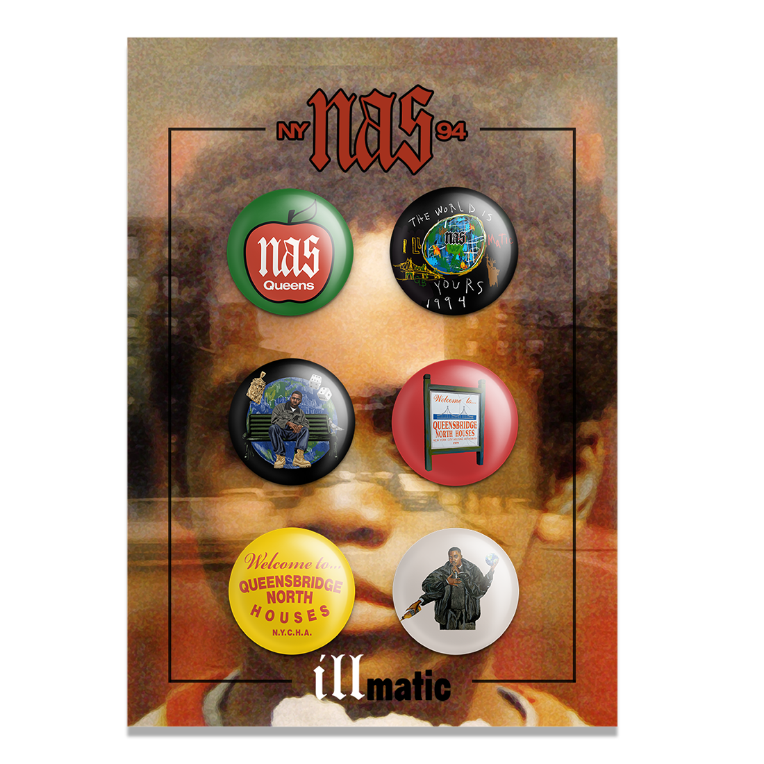Album cover of &quot;Illmatic&quot; by Nas featuring artistic renderings and text related to the artist&#x27;s work