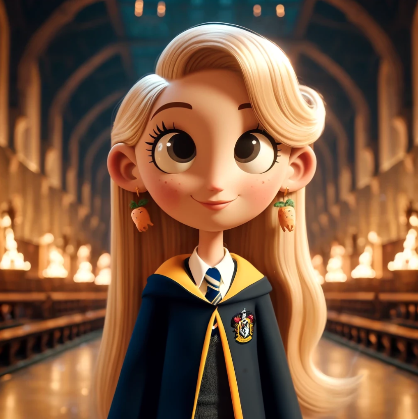 Elsa from Frozen depicted as a stylized student in Hogwarts uniform from Harry Potter series