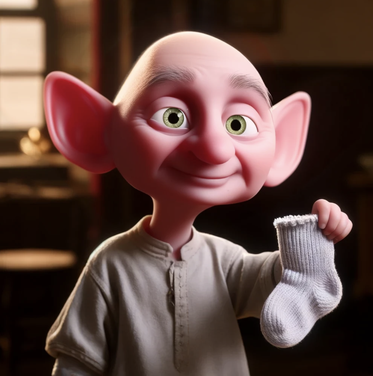 Dobby from Harry Potter holding up a sock, symbolizing his freedom