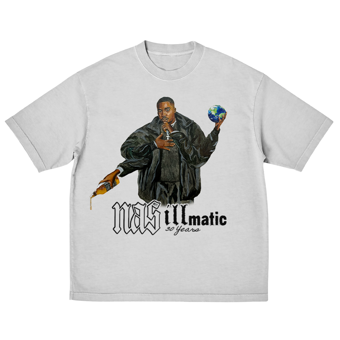 Graphic t-shirt featuring Nas with a mic and globe, celebrating &quot;Illmatic&#x27;s&quot; years