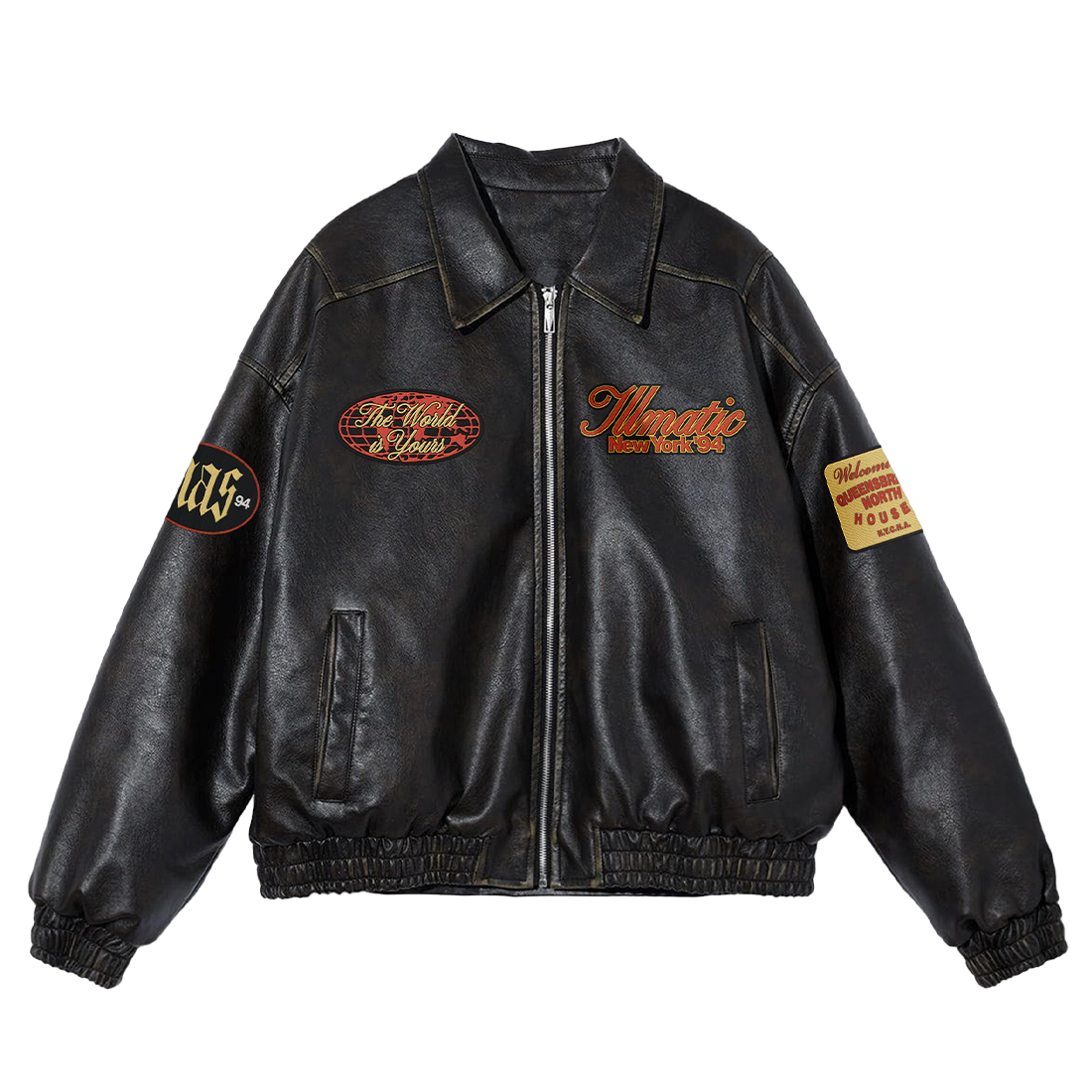 Leather jacket with multiple patches, including &quot;Khruangbin&quot; on the back, related to music