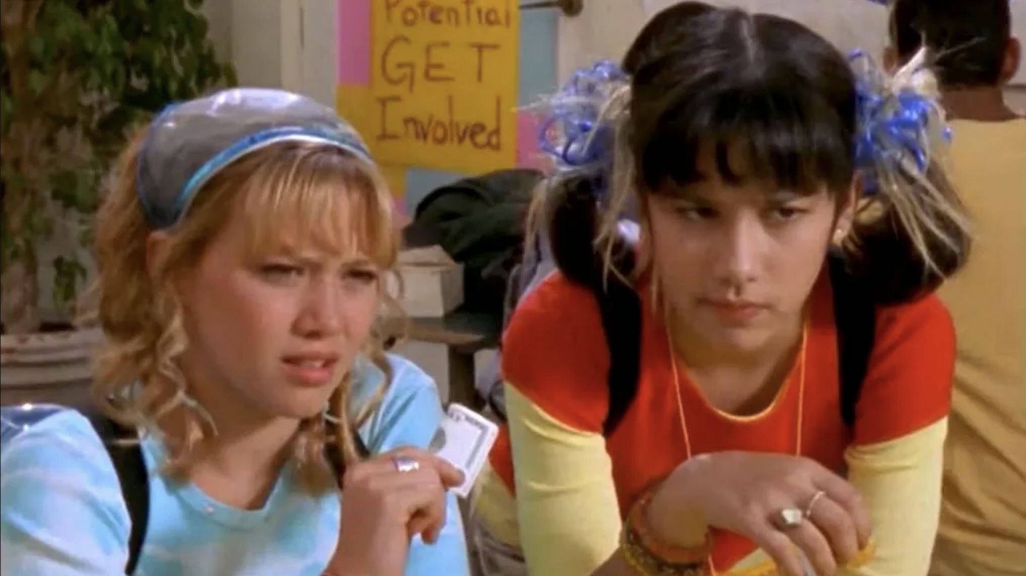 Lizzie McGuire and Miranda Sanchez look concerned in a scene from the show &quot;Lizzie McGuire.&quot;
