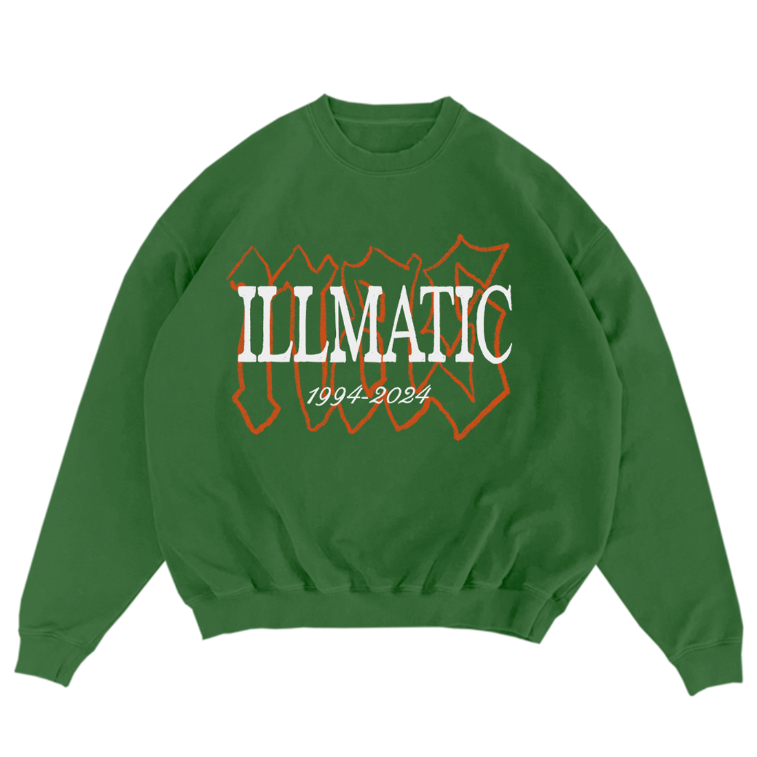 Green sweatshirt with &quot;Illmatic 1994-2023&quot; text, celebrating the album&#x27;s anniversary
