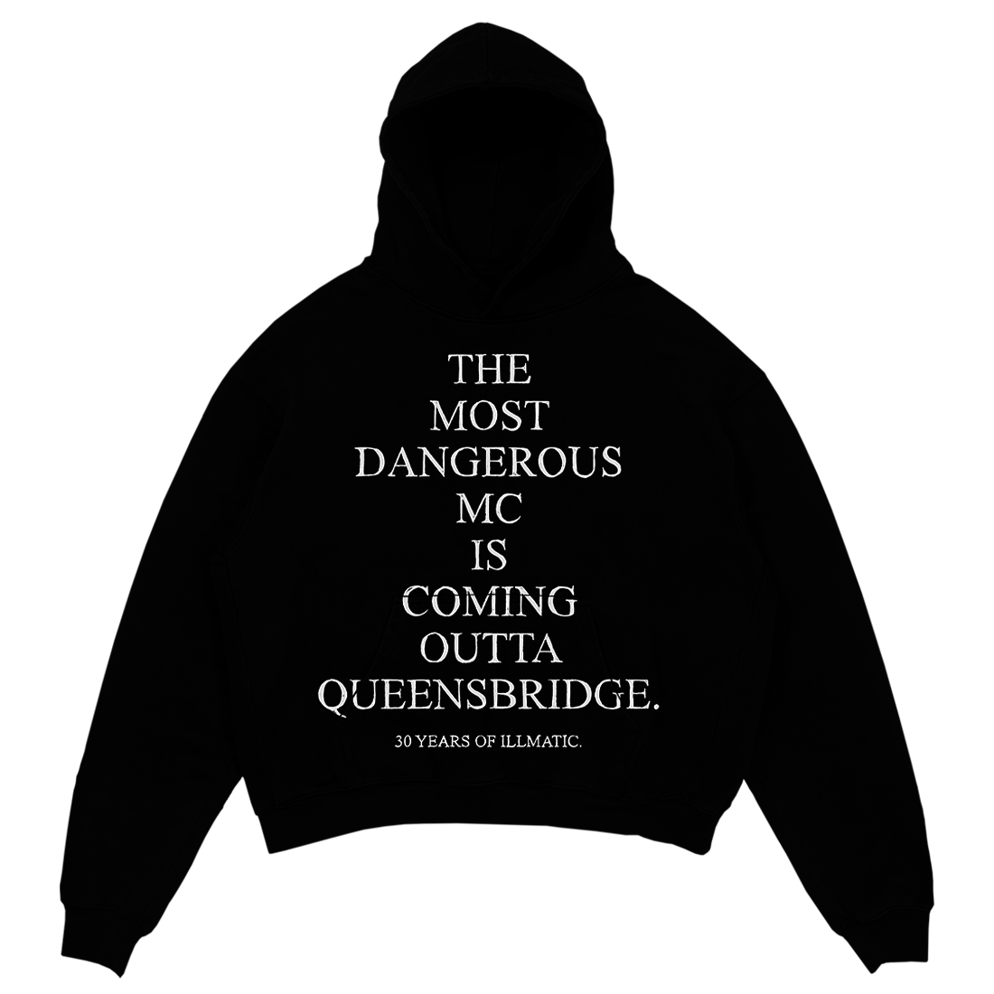Hoodie with text tribute to the 30th anniversary of &#x27;Illmatic,&#x27; noting a dangerous MC from Queensbridge