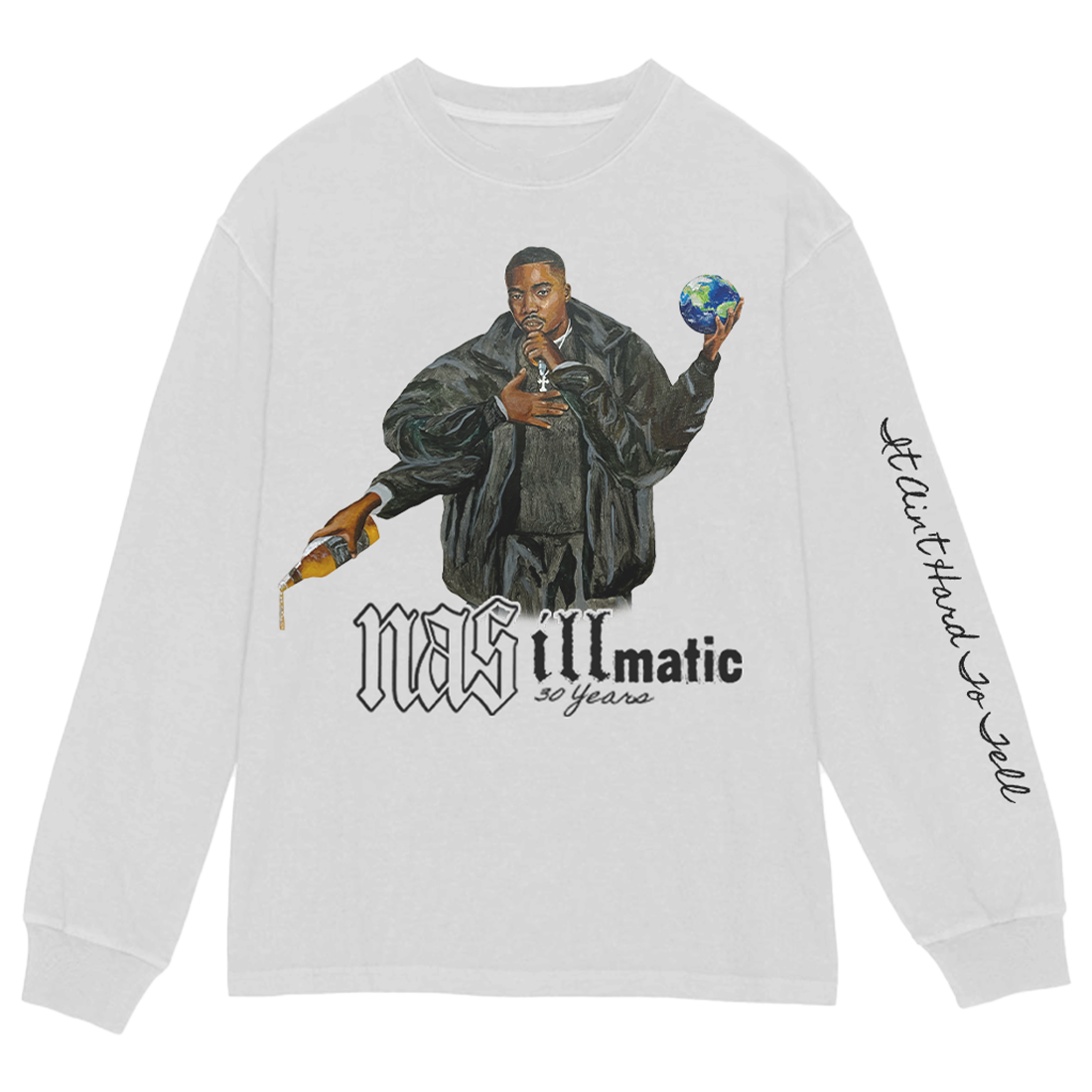 Graphic tee with &quot;Nas Illmatic 25 Years&quot; text and illustration of Nas holding a microphone and globe