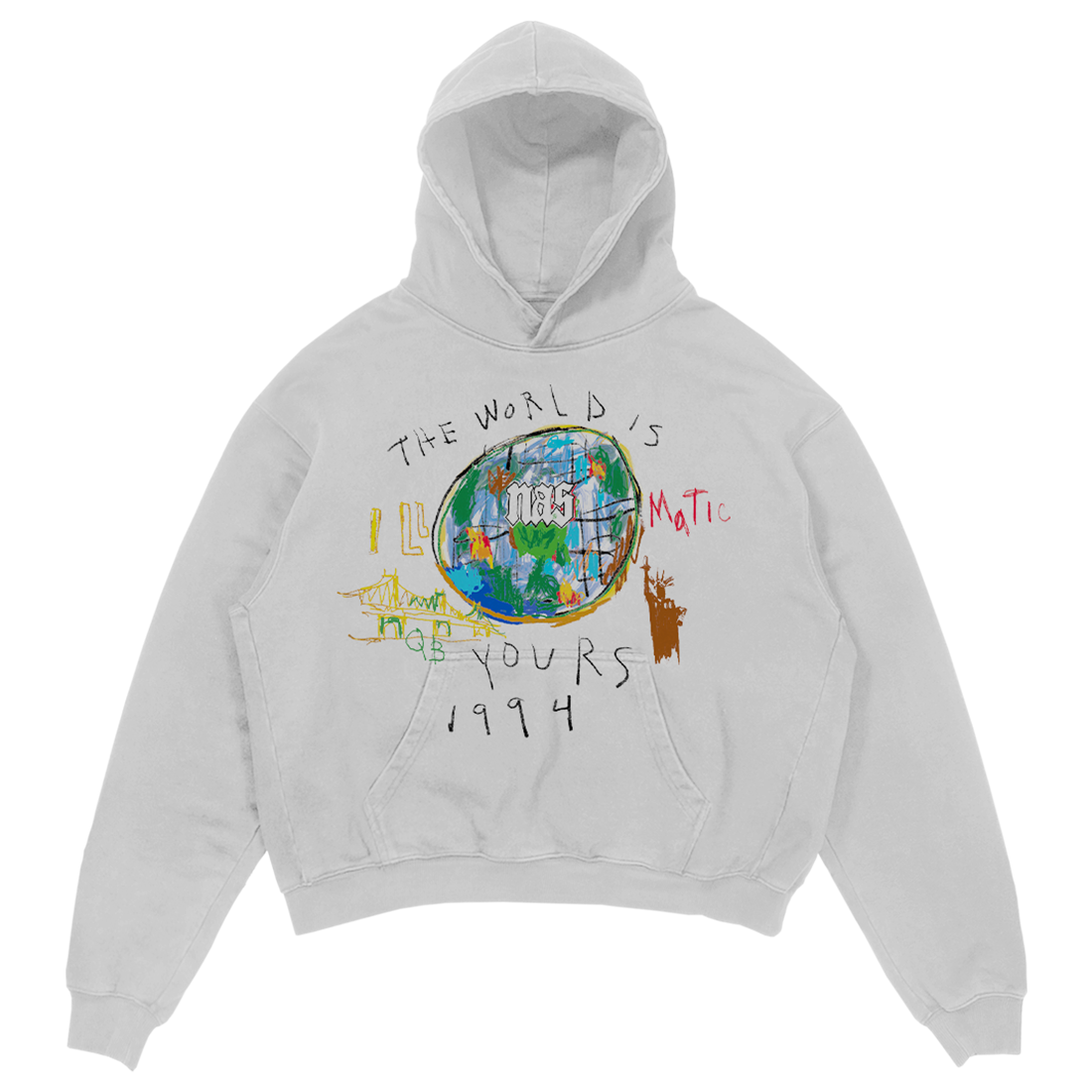 Hoodie with artistic globe design and text &quot;The World is Yours 1994&quot; in music-themed article
