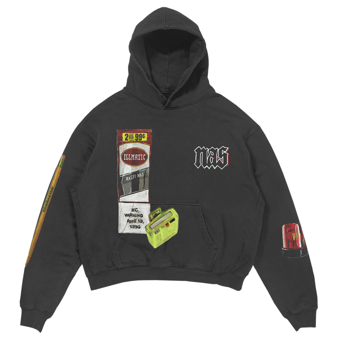Black hoodie with Nas logo, Illmatic tape graphic, and promotional tape price tag design