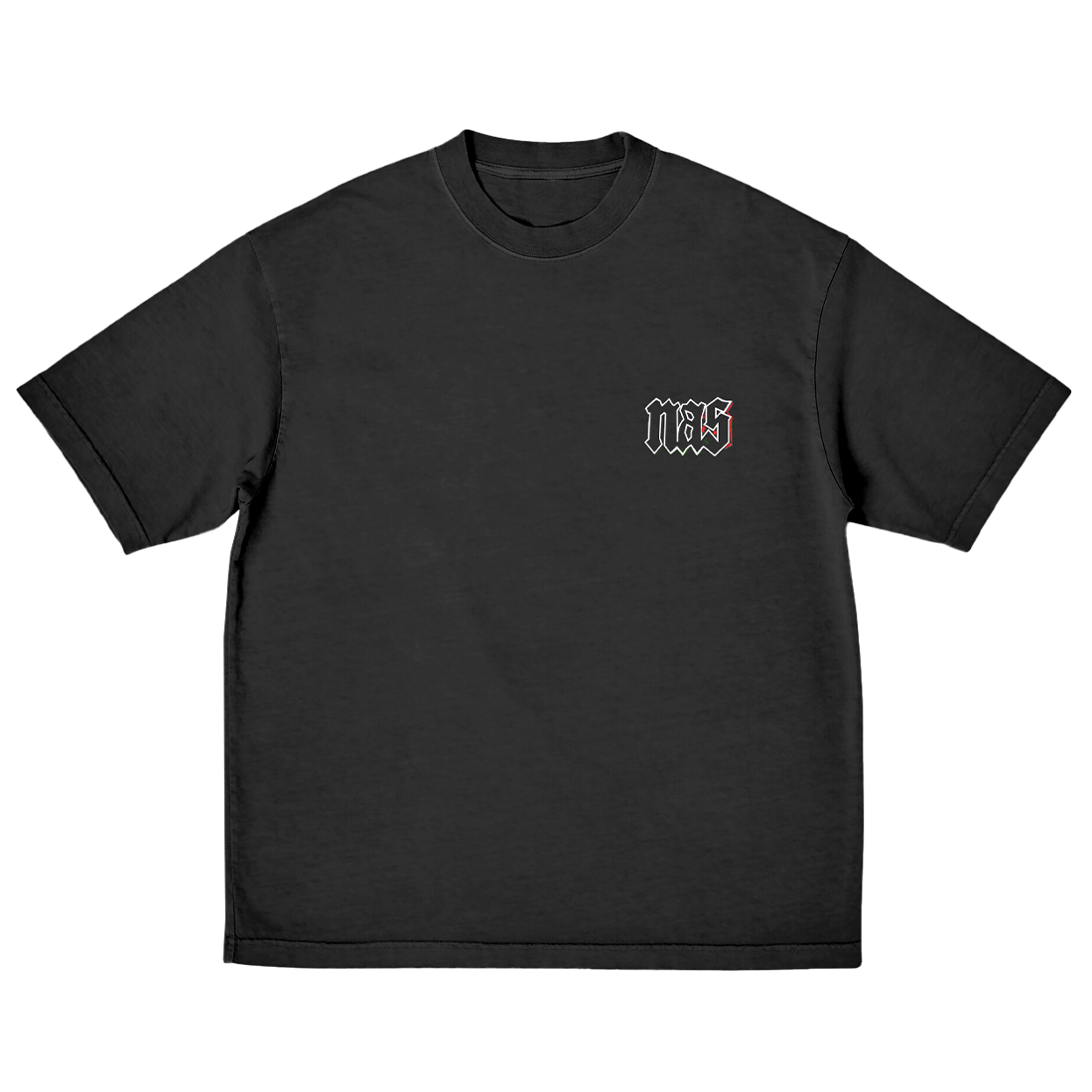 Black T-shirt with a small logo on the left chest area related to music