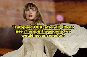 Taylor Swift performs onstage in a flowing dress with a quote overlay about stopping CPR