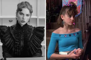 On the left, Taylor Swift in the Fortnite music video, and on the right, young Jenna from 13 Going on 30