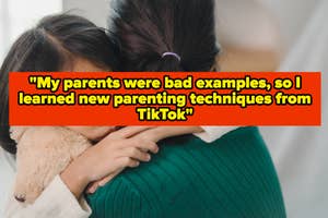 Child hugs adult from behind; text about learning parenting from TikTok