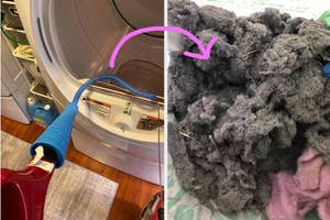 A washing machine being cleaned with a vacuum hose and the pile of extracted lint