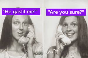 Two vintage-style photos side by side of a woman, first posing, then smiling and talking on a corded phone