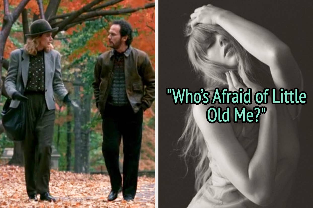 On the left, Sally and Harry from When Harry Met Sally walking in a park in fall, and on the right, Taylor Swift on the Tortured Poets Department album cover labeled Who's Afraid of Little Old Me