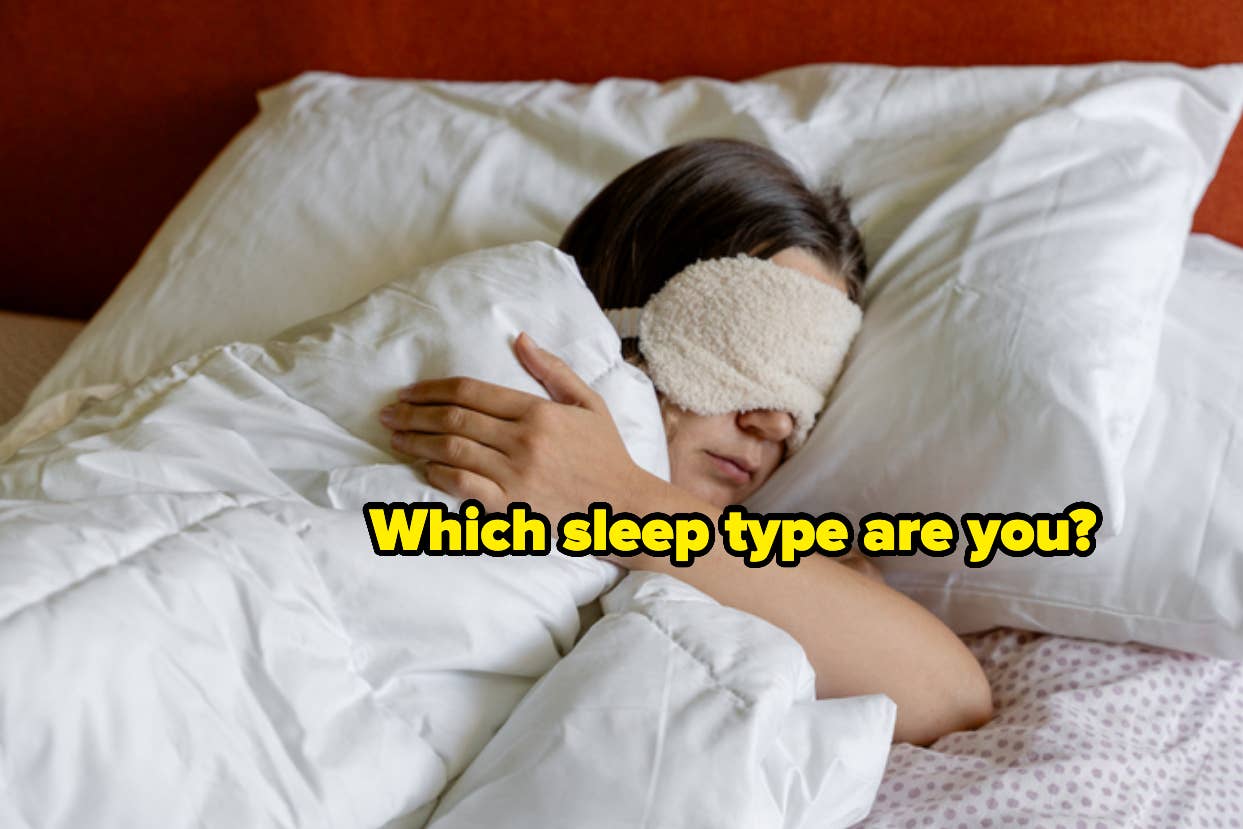 Person sleeping in bed with an eye mask, text asks "Which sleep type are you?"