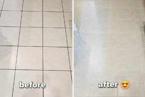 Side-by-side comparison of a tiled floor before and after cleaning, with improved shine in the after photo