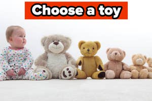 A baby sits on the floor looking at four stuffed teddy bears in a row with text "Choose a toy" above