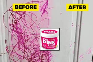 before and after of reviewer's door covered with pink scribbles on one half and cleaned on the other with the pink stuff jar in the middle
