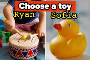 Split image; left side shows a child playing a drum, right side has a rubber duck with text "Choose a toy Ryan Sofia"