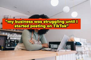 Business owner at laptop in cafe with quote about TikTok boosting their business