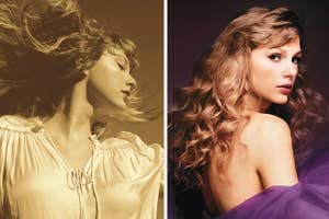 Taylor Swift in a side-by-side comparison with her hair flowing