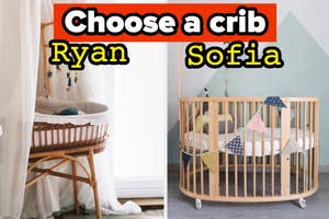 Graphic with text "Choose a crib Ryan Sofia" and two different cribs, one with a canopy and the other with pennant garlands