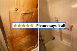 reviewer's shower stall with hard water stains before cleaning and another image of the same shower after cleaning