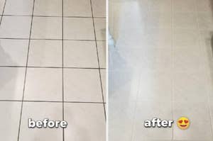Side-by-side comparison of a tiled floor before and after cleaning, with improved shine in the after photo
