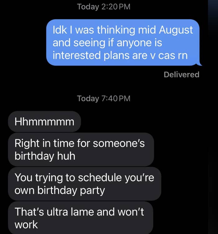 Text message conversation about scheduling a birthday party potentially conflicting with seeing plans