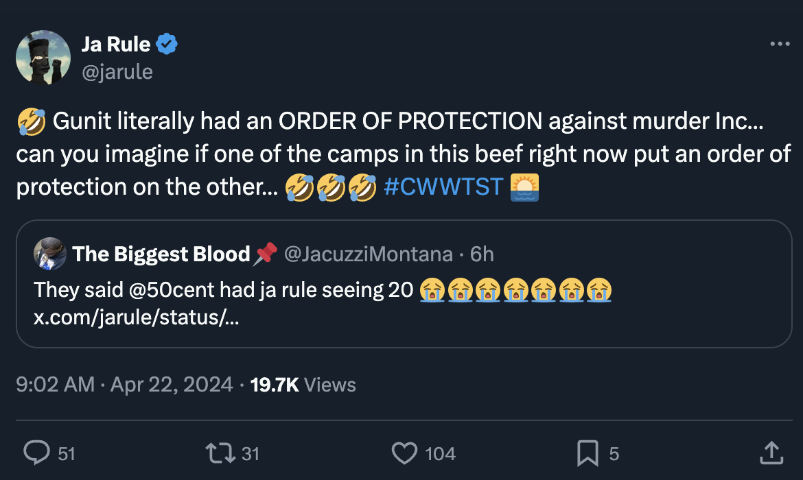 Two Twitter posts discussing a past conflict between 50 Cent and Ja Rule, with humorous commentary on the situation
