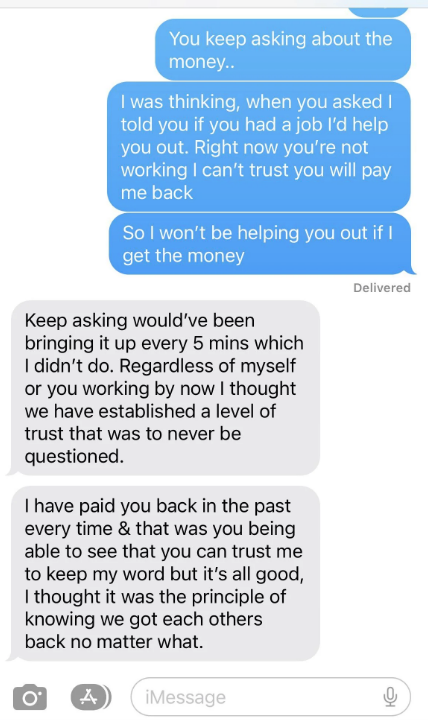 Text message exchange discussing trust issues and unpaid work, with one person being reminded of past financial help they provided