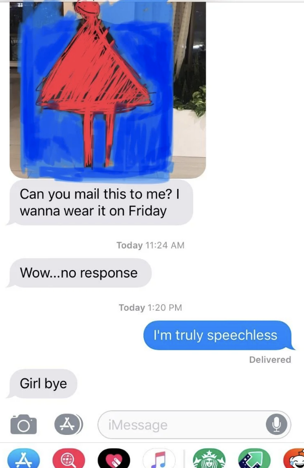 Child&#x27;s drawing of a red dress on a blue background, text message conversation about mailing the drawing